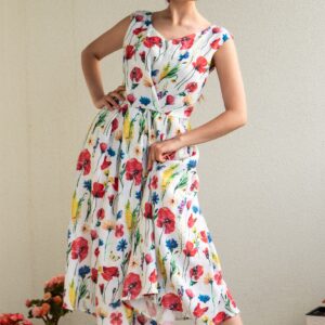 meadow flowers print aasalilled linen midi dress