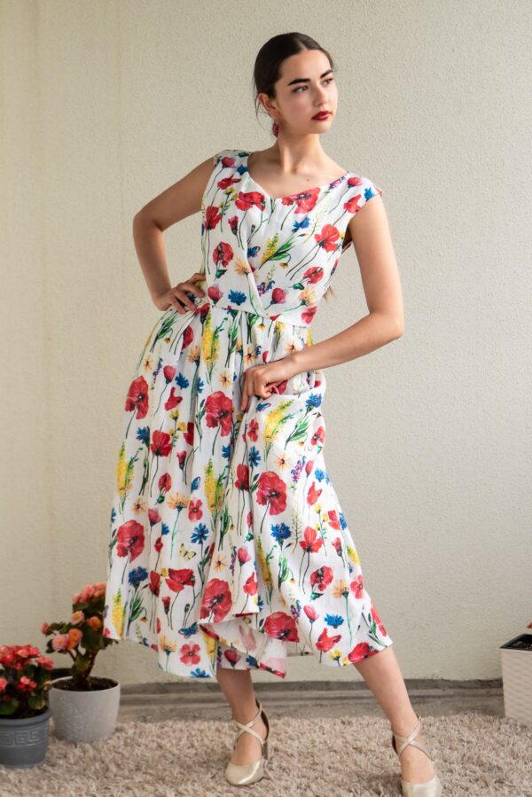 meadow flowers print aasalilled linen midi dress