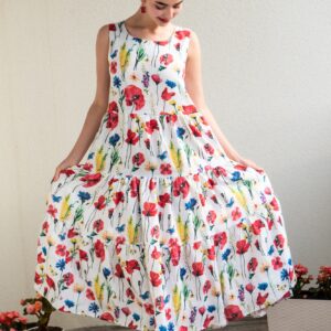 meadow flowers print aasalilled linen midi flared sleeveless dress