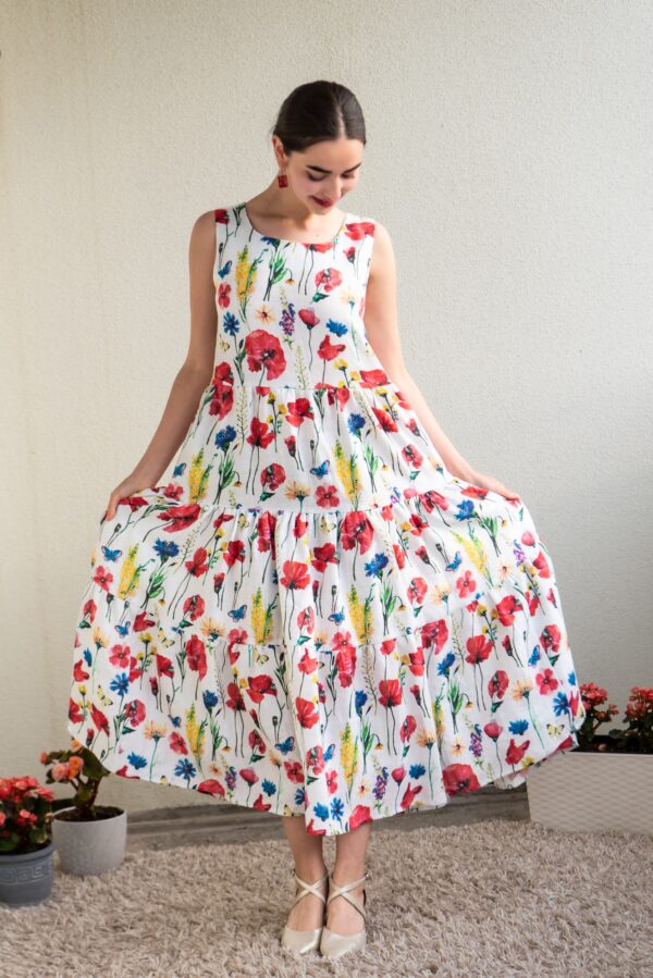 meadow flowers print aasalilled linen midi flared sleeveless dress
