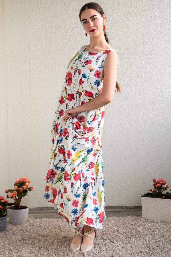 meadow flowers print aasalilled linen midi flared sleeveless dress