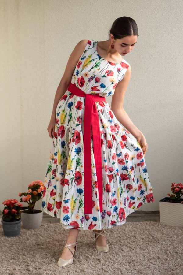 meadow flowers print aasalilled linen midi flared sleeveless dress