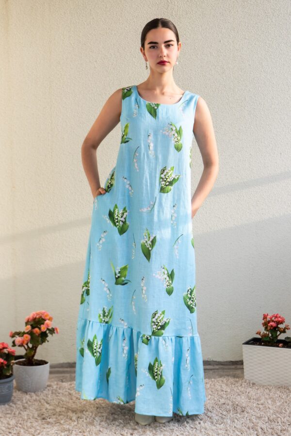 lily of valley piibelehed print linen maxi dress