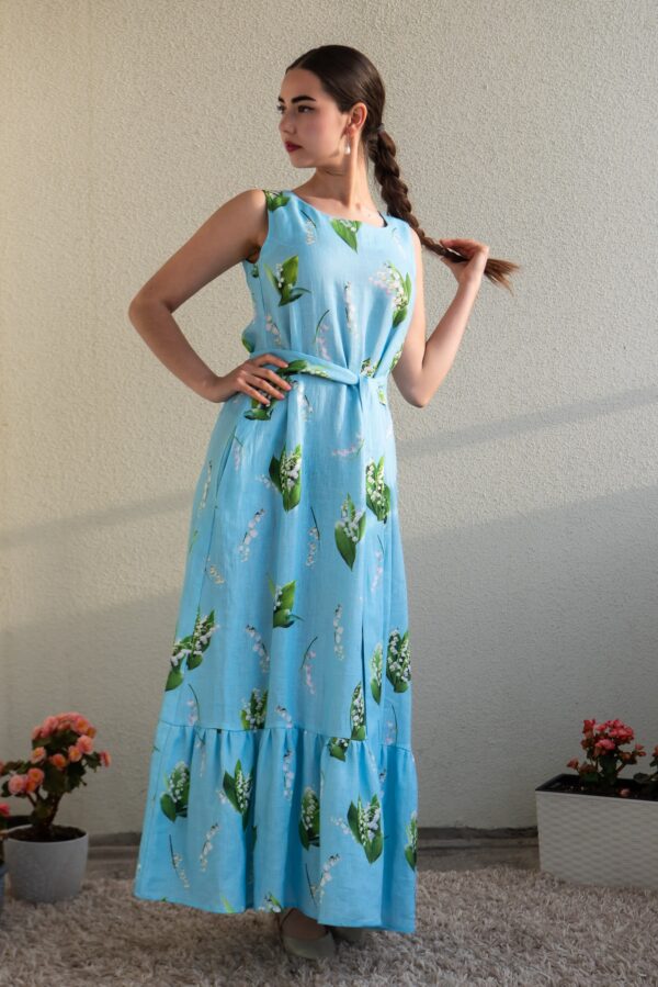 lily of valley piibelehed print linen maxi dress