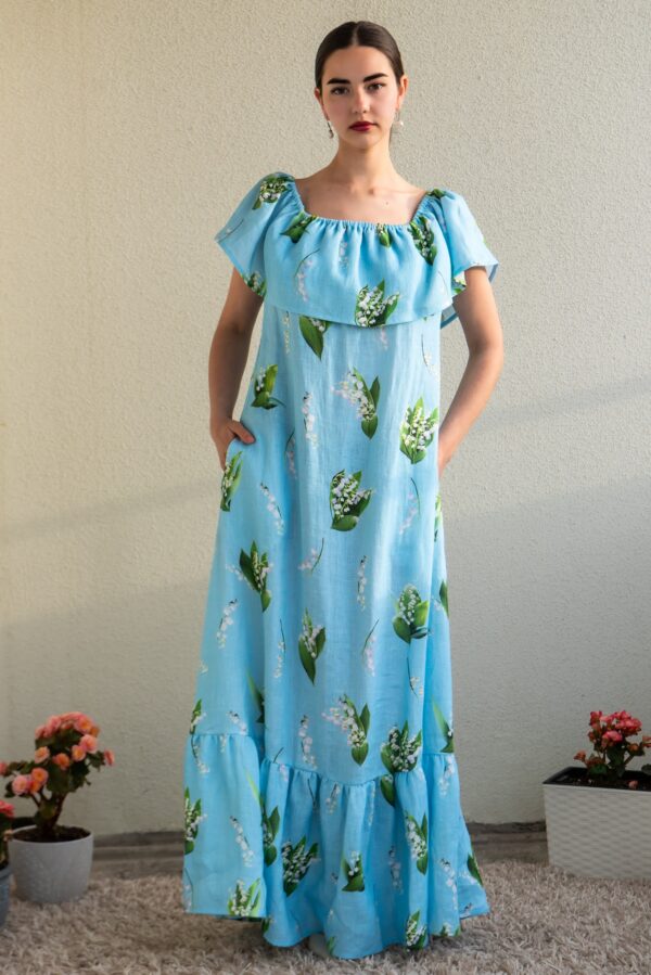 lily of valley piibelehed print linen maxi dress
