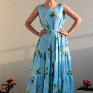 lily of valley piibelehed print linen maxi dress