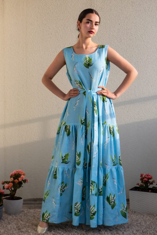 lily of valley piibelehed print linen maxi dress
