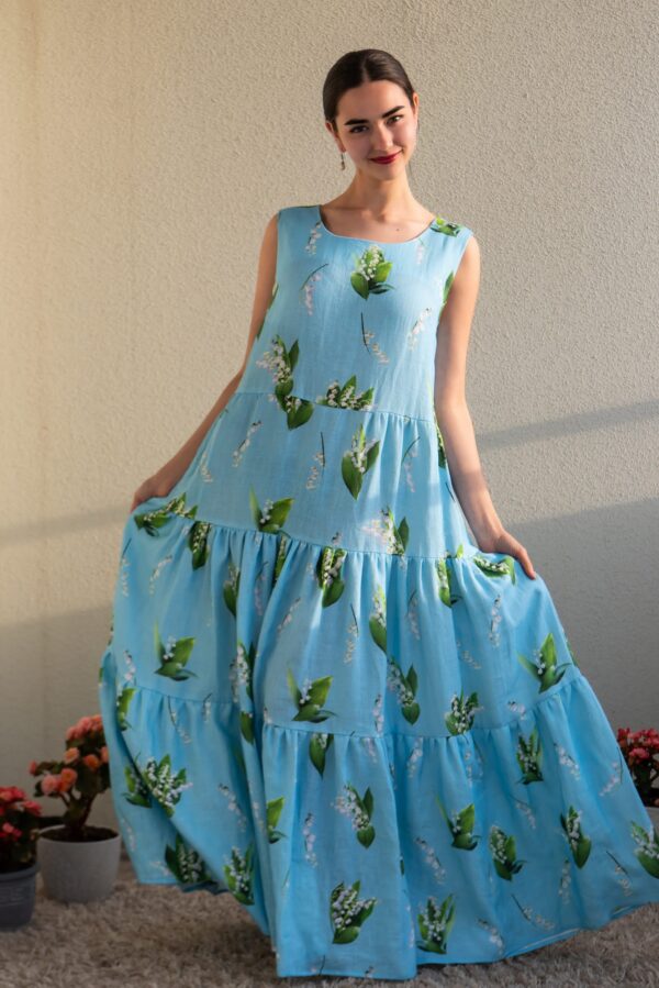 lily of valley piibelehed print linen maxi dress