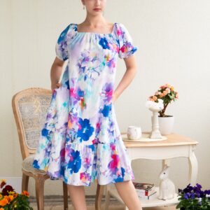 BLUE WATER COLOR FLOWER PRINT VISCOSE LINEN DRESS