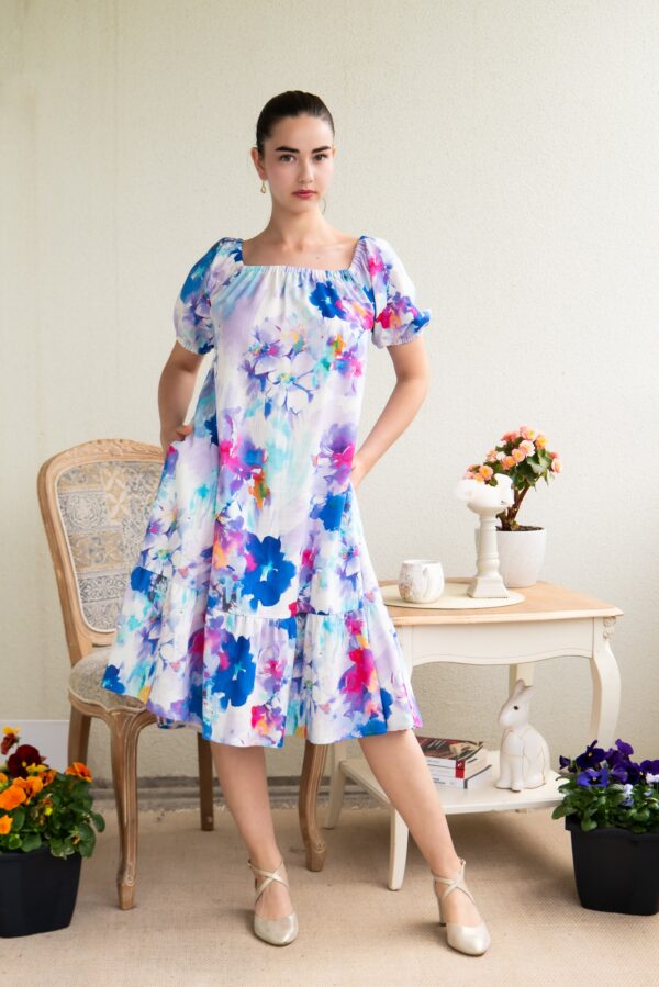 BLUE WATER COLOR FLOWER PRINT VISCOSE LINEN DRESS