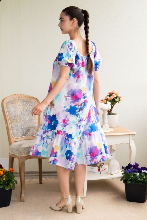 BLUE WATER COLOR FLOWER PRINT VISCOSE LINEN DRESS