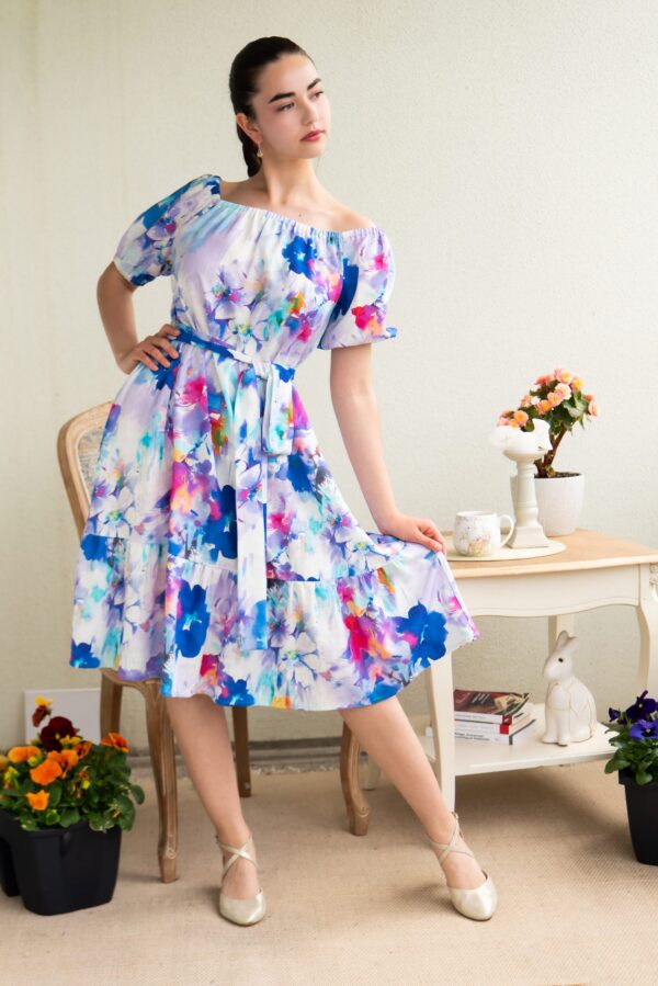 BLUE WATER COLOR FLOWER PRINT VISCOSE LINEN DRESS