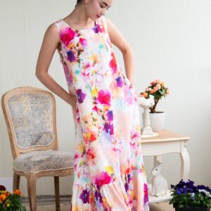 PINK WATER COLOR FLOWER PRINT VISCOSE LINEN MAXI DRESS