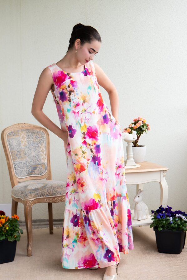 PINK WATER COLOR FLOWER PRINT VISCOSE LINEN MAXI DRESS