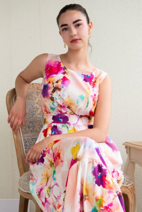 PINK WATER COLOR FLOWER PRINT VISCOSE LINEN MAXI DRESS