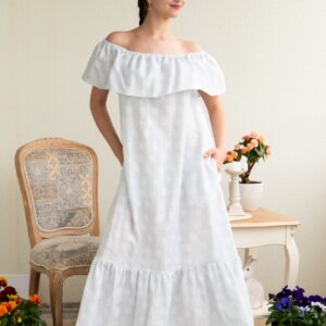 viscose linen polka dot pale blue long dress