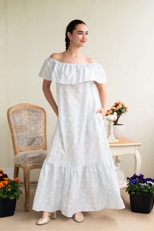 viscose linen polka dot pale blue long dress