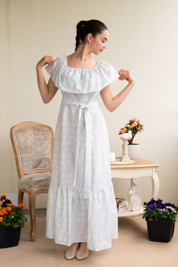 viscose linen polka dot pale blue long dress