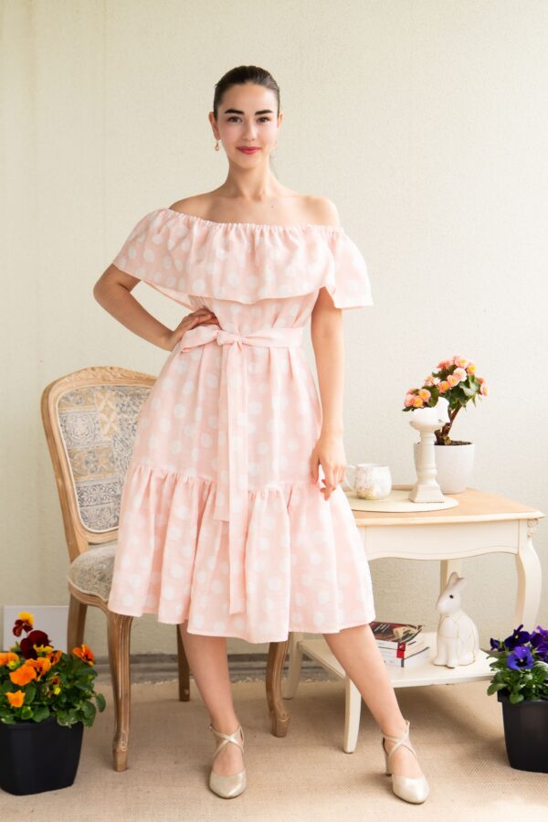 viscose linen polka dot pale pink dress