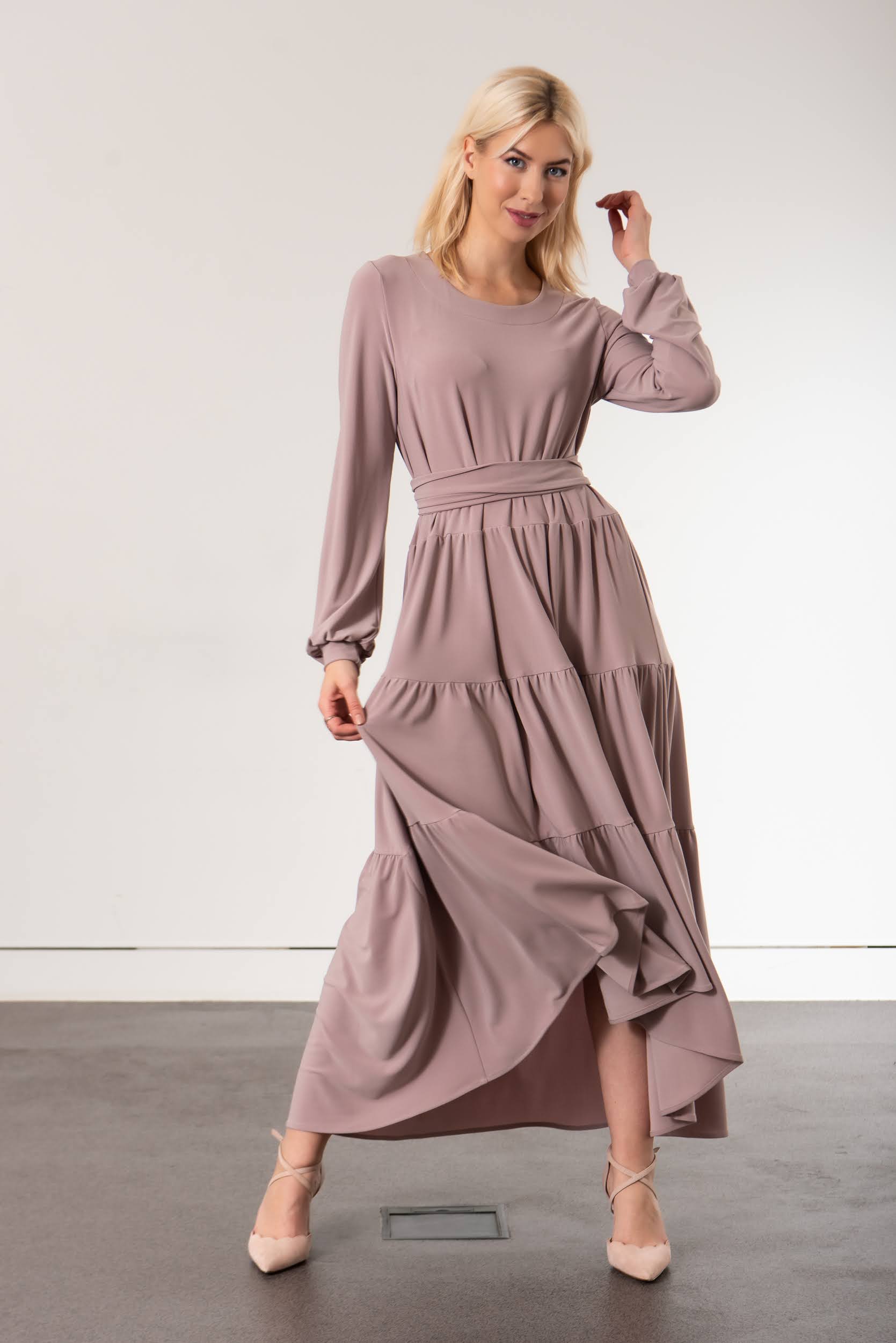 rose opal colour tiered maxi dress