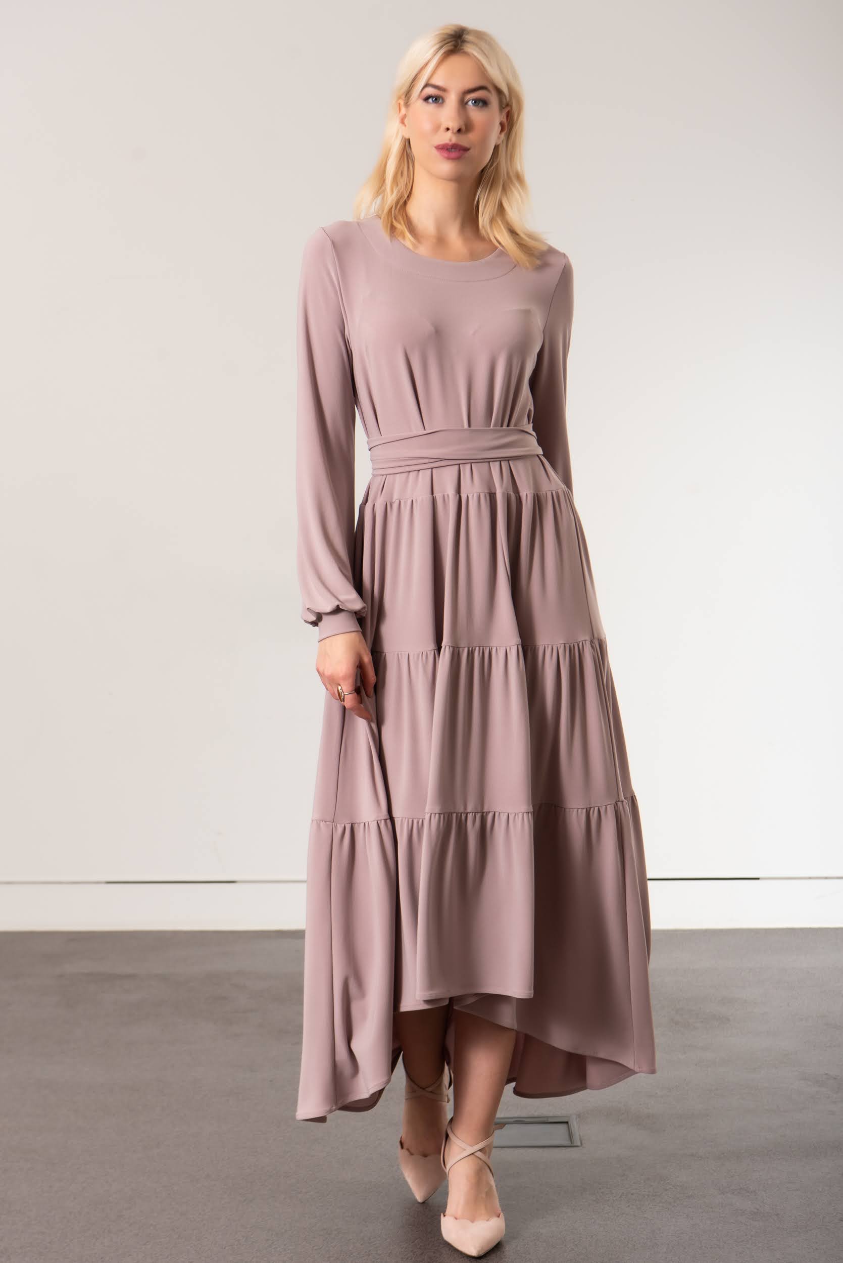 rose opal colour tiered maxi dress