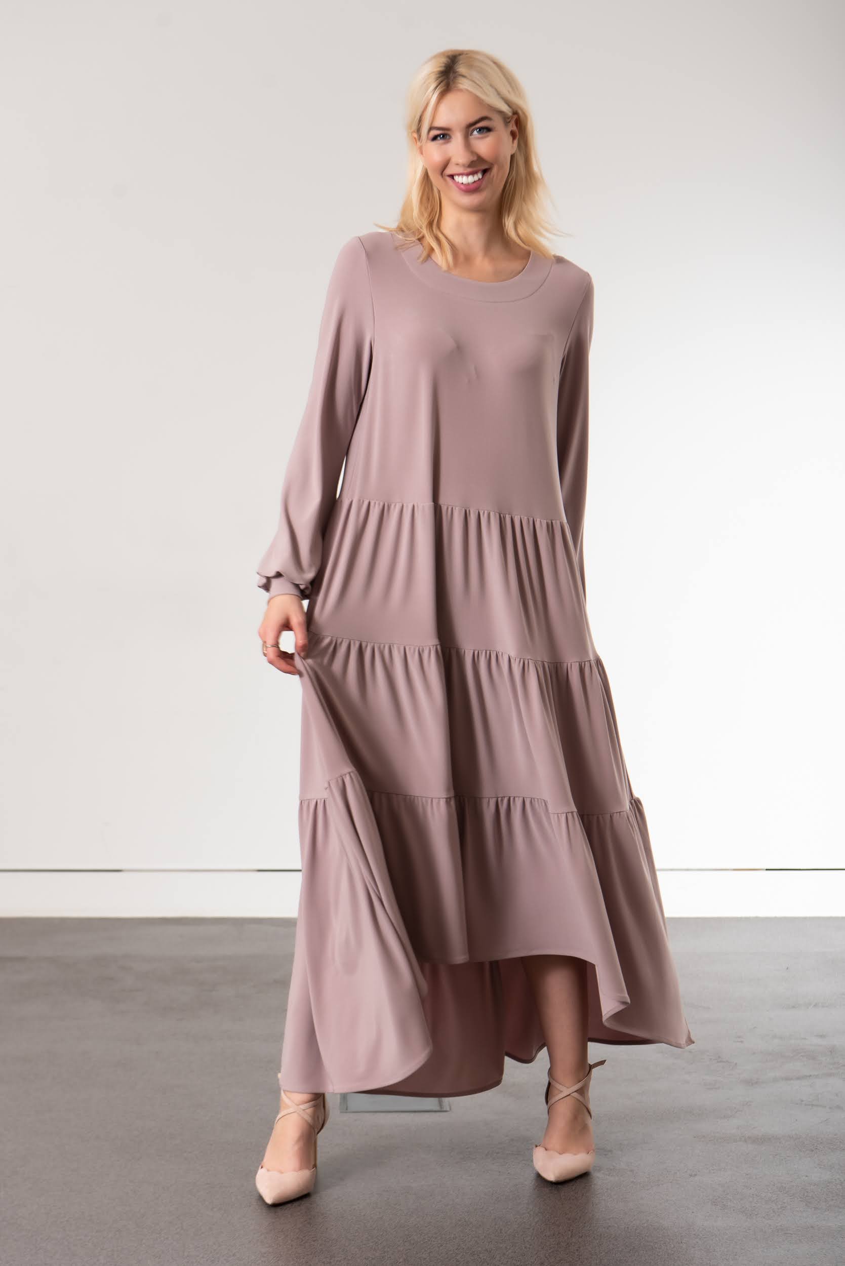 rose opal colour tiered maxi dress
