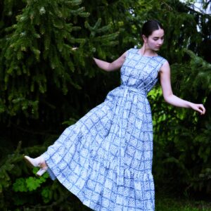 stump print blue linen dress