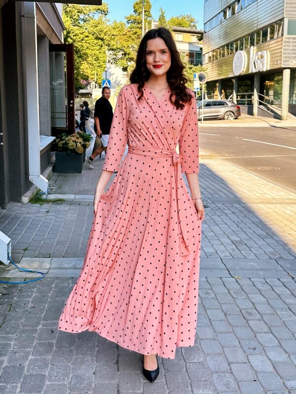 pink polka dot maxi wrap dress