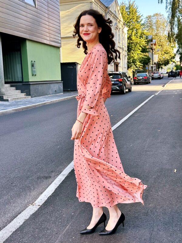 pink polka dot maxi wrap dress