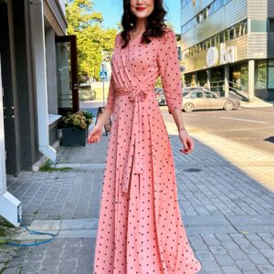 pink polka dot maxi wrap dress