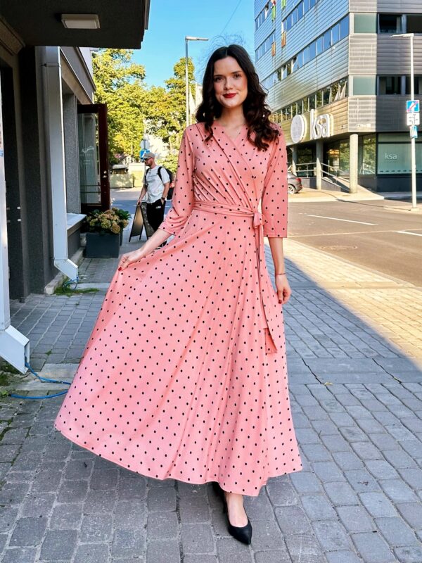 pink polka dot maxi wrap dress