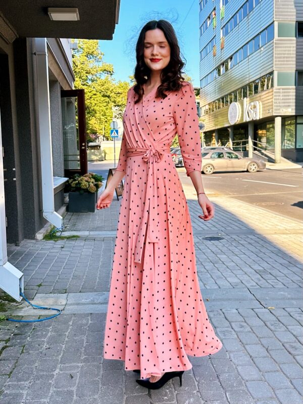 pink polka dot maxi wrap dress