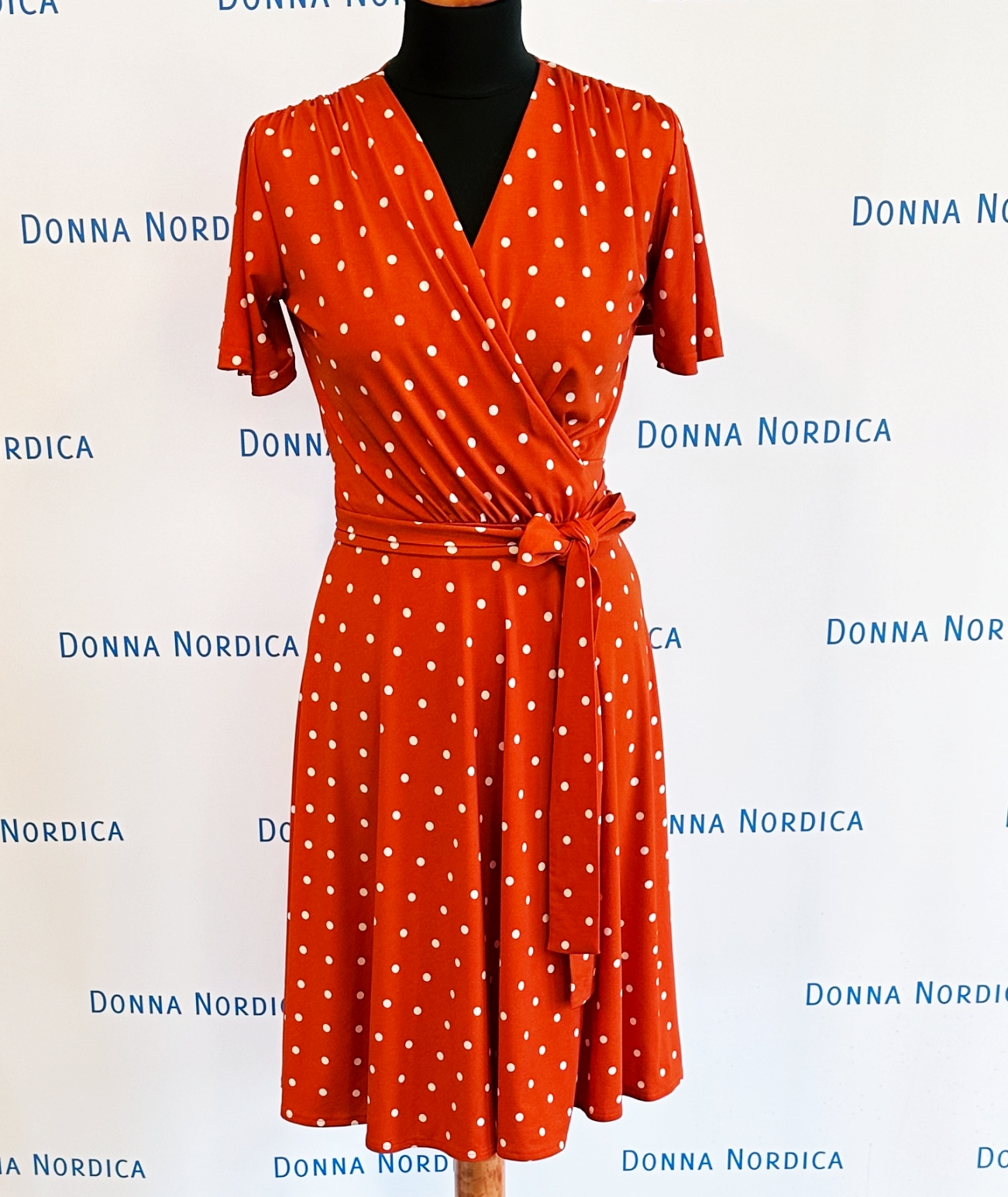 polka dot orange wrap dress