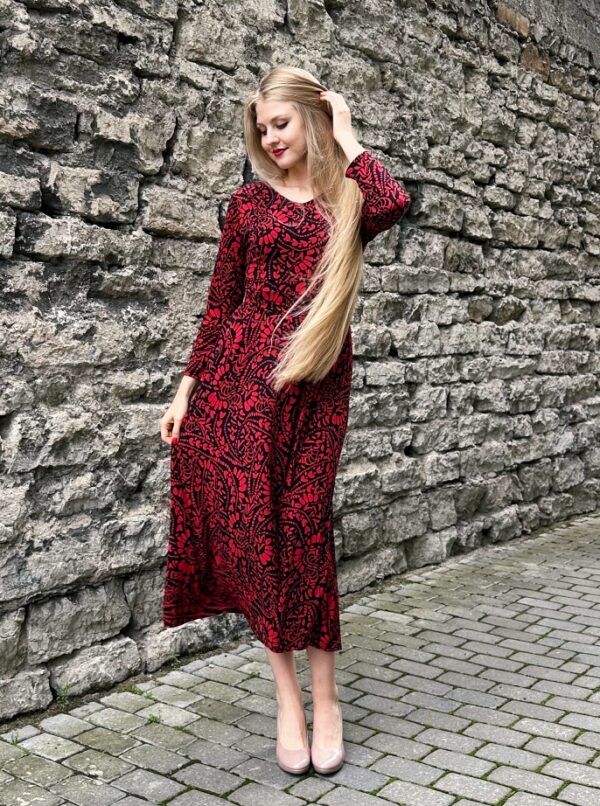 red-black decorative print midi dress