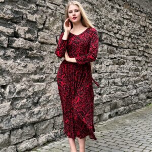 red-black decorative print midi dress