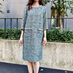 tweed dress pearl ribbon blue