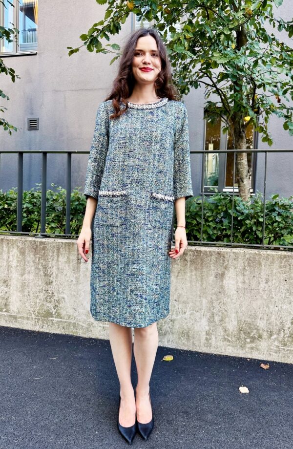 tweed dress pearl ribbon blue