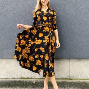 yellow rose print black maxi wrap dress