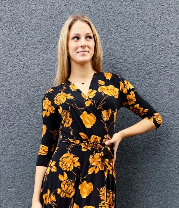 yellow rose print black maxi wrap dress