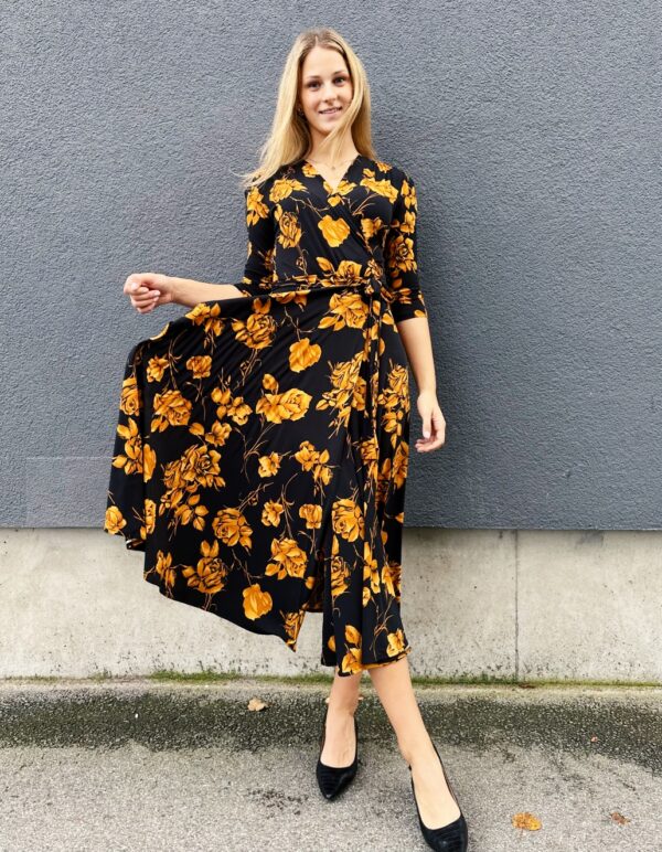 yellow rose print black maxi wrap dress