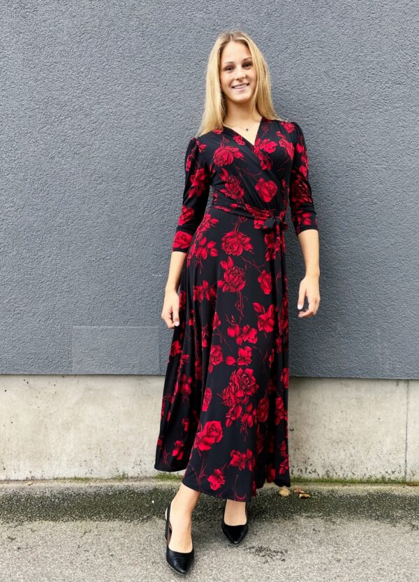 red rose print maxi wrap dress