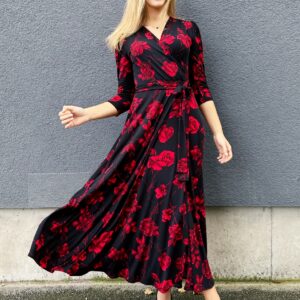 red rose print maxi wrap dress