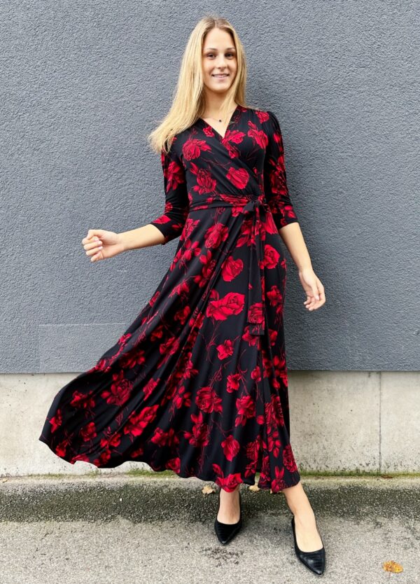 red rose print maxi wrap dress