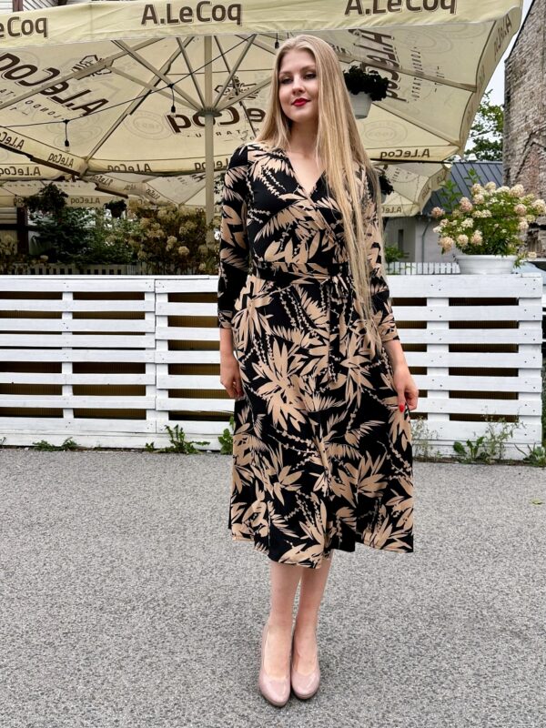 leaf pattern black midi dress