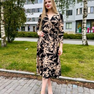 leaf pattern black midi dress