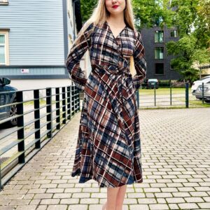 beige blue checked midi dress