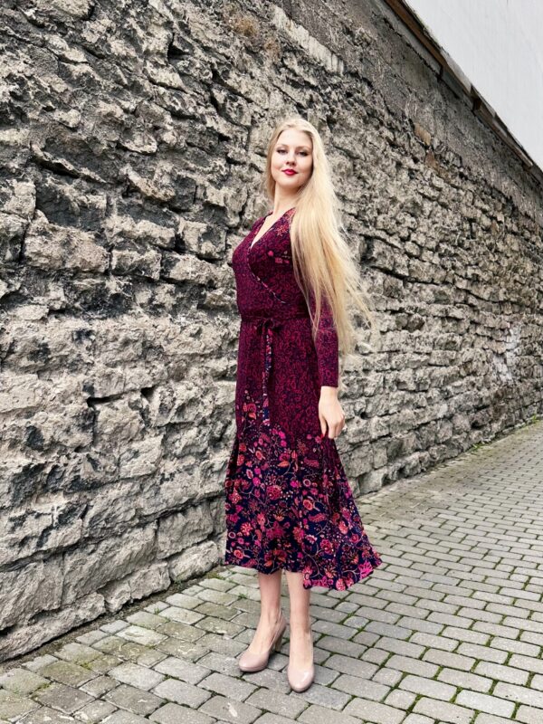 violet red flower print border print midi dress