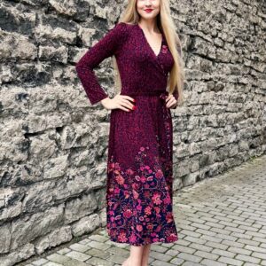 violet red flower print border print midi dress