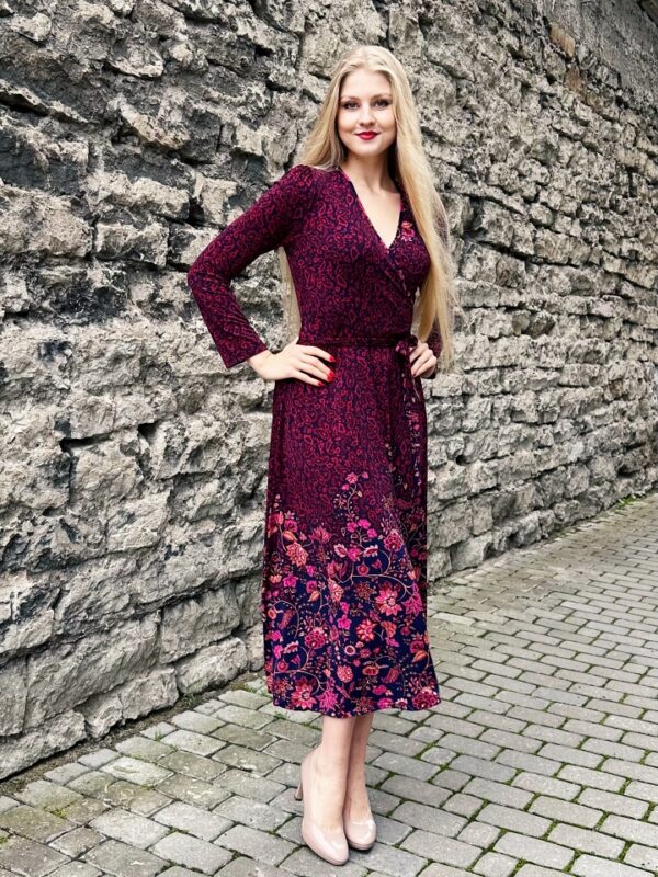 violet red flower print border print midi dress