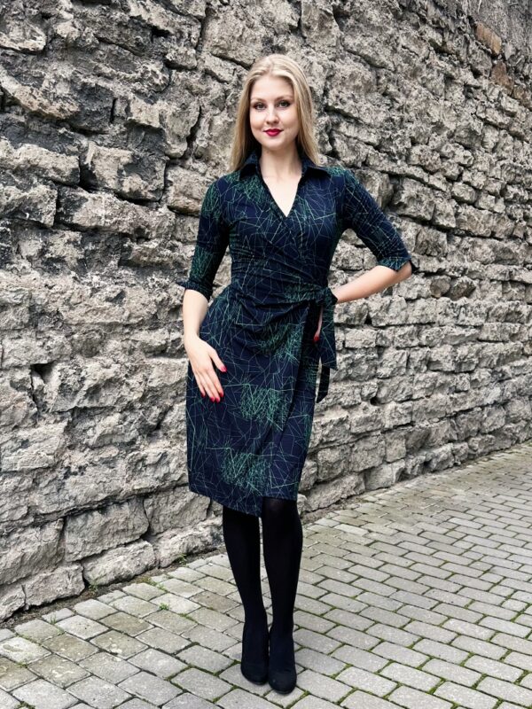 black.green print fitted faux wrap dress